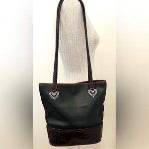 BRIGHTON Black and Brown Croc Pattern Leather Tote Bucket Shoulder Bag